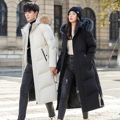 Piumino al Ginocchio da Uomo Inverno Giovane e Mezza Età Cappuccio Colletto in Pelliccia Moda Casual Giacca Calda Coppia