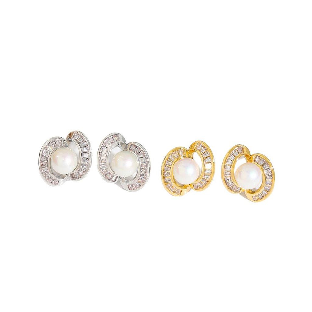 Gold-Plated Crescent Pearl Zirconia Stud Earrings: Starry River Light Luxury Commute Versatile Design