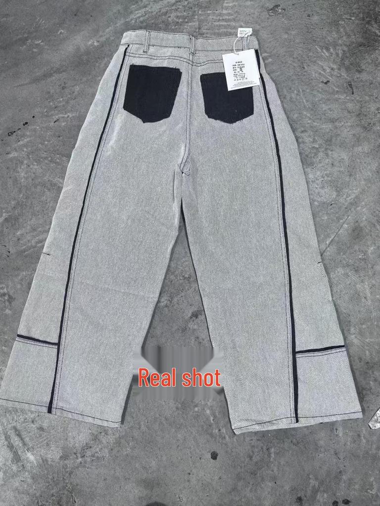 Unisex American Retro Patchwork Wide-Leg Gray and White Jeans - 2025 Summer Casual Loose Fit