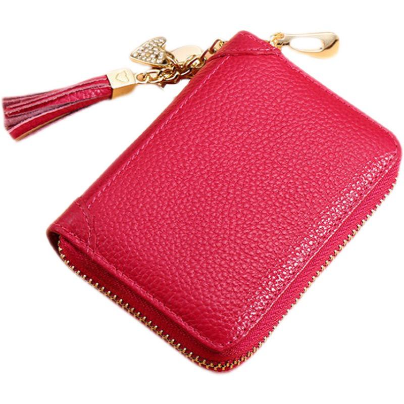 Women's RFID-Blocking Cowhide Card Holder with Zipper and Anti-Demagnetization for Credit Cards and Driver's License