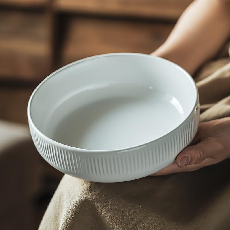 Light Luxury High-End Sense Solid Color Ceramic Deep Plate Household Vegetable Plate Design Sense Vertical Pattern Plate Versatile Large Plate Kitchen