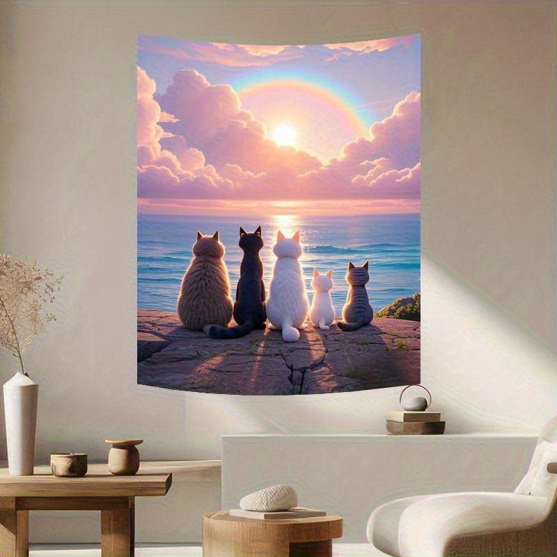 Healing Series Seaside Sunset Cat Tapestry Dreamy Pink Purple Sky Rainbow Printing Retro Style Vintage Decor