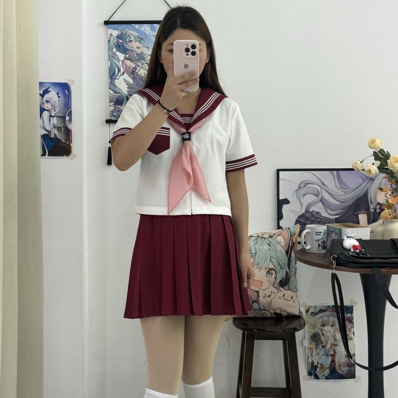 Authentic Japanese Sailor Suit: Red Collar, White Three-Stripe Academy Style School Uniform Costume Set for Women