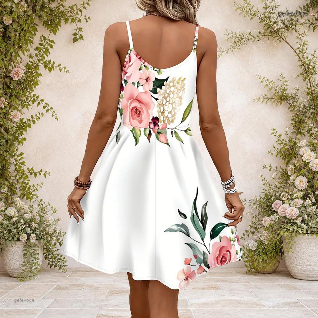 Women Plus Size White Floral Printed V Neck Sleeveless Spaghetti Strap Gathered Waist Dress