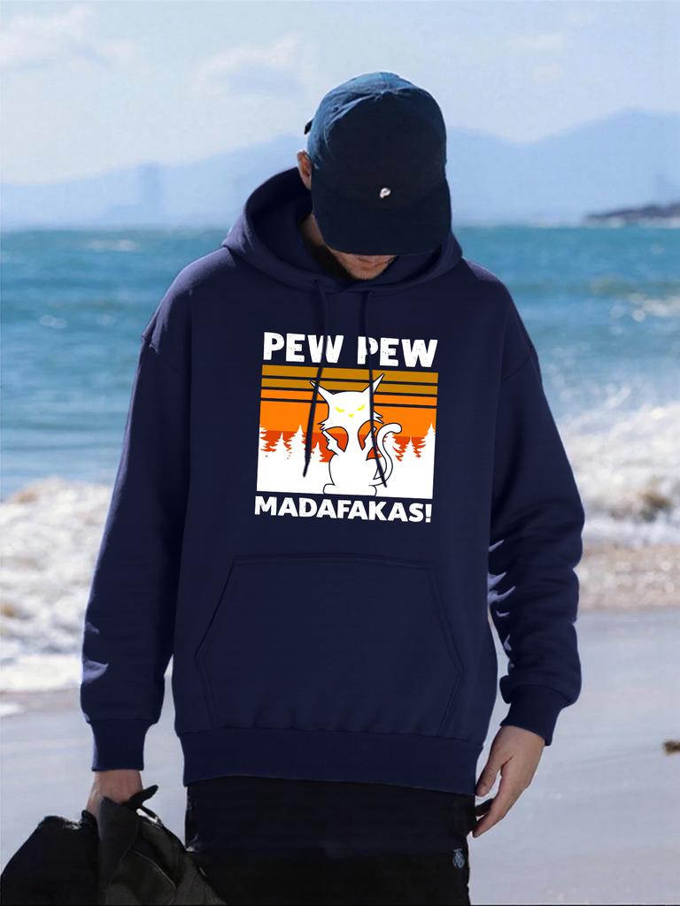 Pew Pew Madafakas Cats Printing Hoodies Mens Casual All-Match Clothing Man Oversized Pocket Hoody Autumn Fleece Streetwear