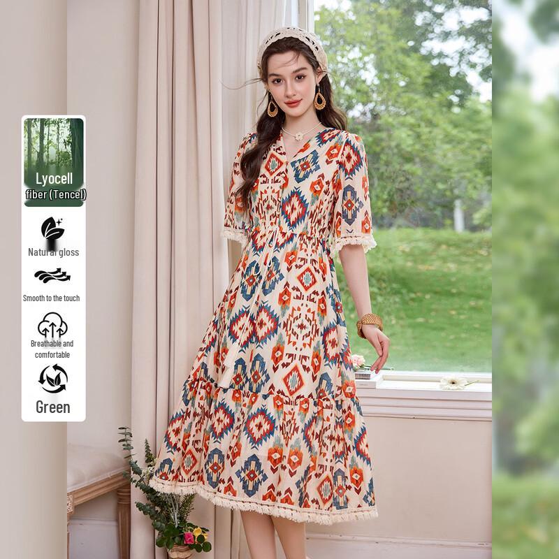 Women s Bohemian Floral Lyocell Blend V-Neck Maxi Dress M