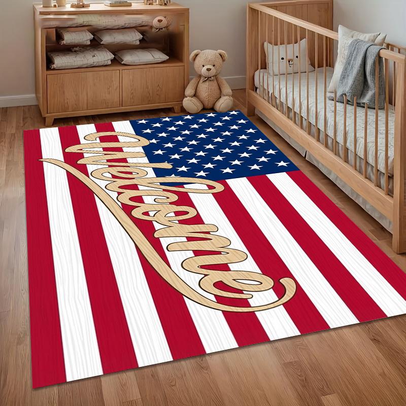 American Flag Welcome Print Area Rug, Soft Non-Slip Floor Mat for Entryway Living Room Patriotic Home Decor
