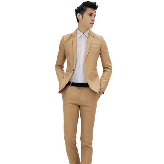 2Pcs/Set Men Slim Fit Suit Set Lapel Long Sleeve Single Button Suit Coat Mid-rise Long Pants Set Solid Color Business Outfit