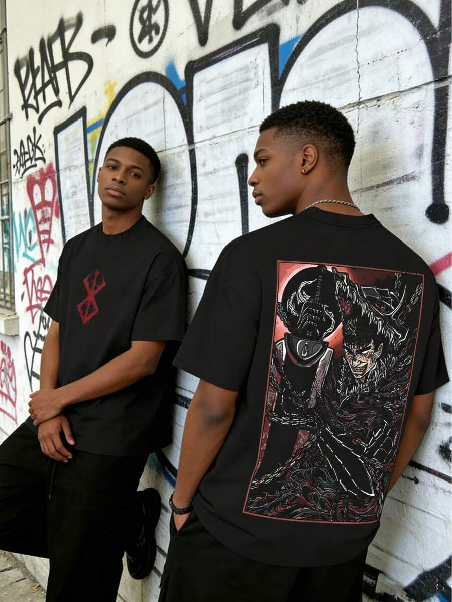 

This Men s Black Street-Style Cartoon Anime T-Shirt, Featuring A Berserker Theme, Blends Retro And 5XL різнокольоровий