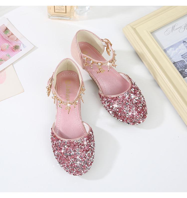 Girls' Crystal Sequin Princess Sandals 2025 - Summer High Heels with Hollow Design