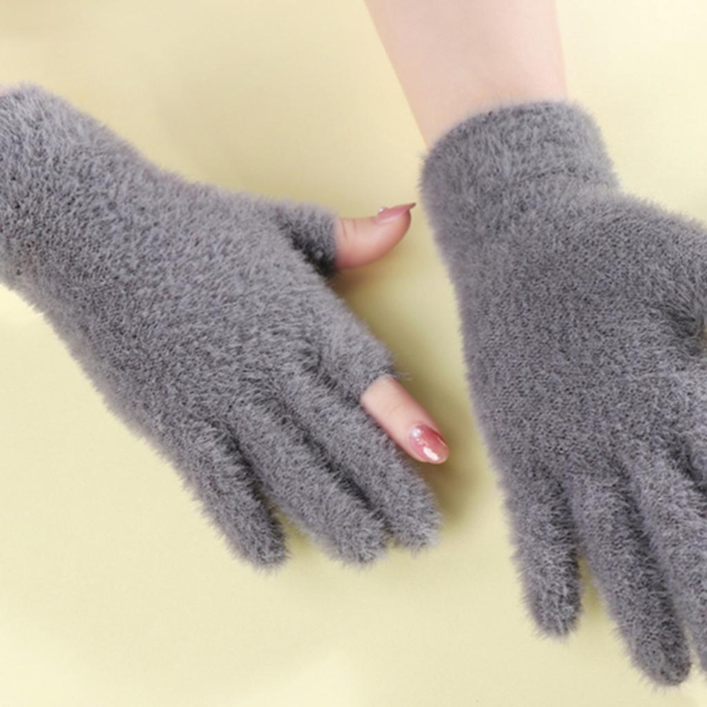 Women's Warm Two finger Gloves with Imitation Mink Plus Velvet Thick Half-finger Work Student Writing To Protect Against Cold Winter