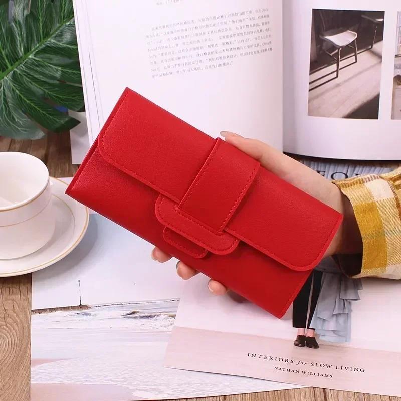 Pu Leather Women Wallets Luxury Long Hasp Fold-Over Pattern Coin Purses Female Solid Colors New Thin Clutch Phone Bag