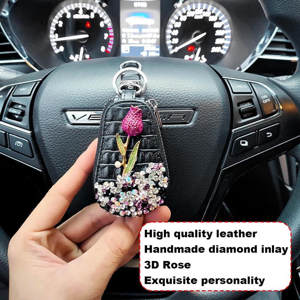 Mandark Bling Car Key Case,  Leather Crystal Rhinestone Vehicle Key Fob Protector, Automotive Smart Keychain Holder for Remote Key Fob, Universal