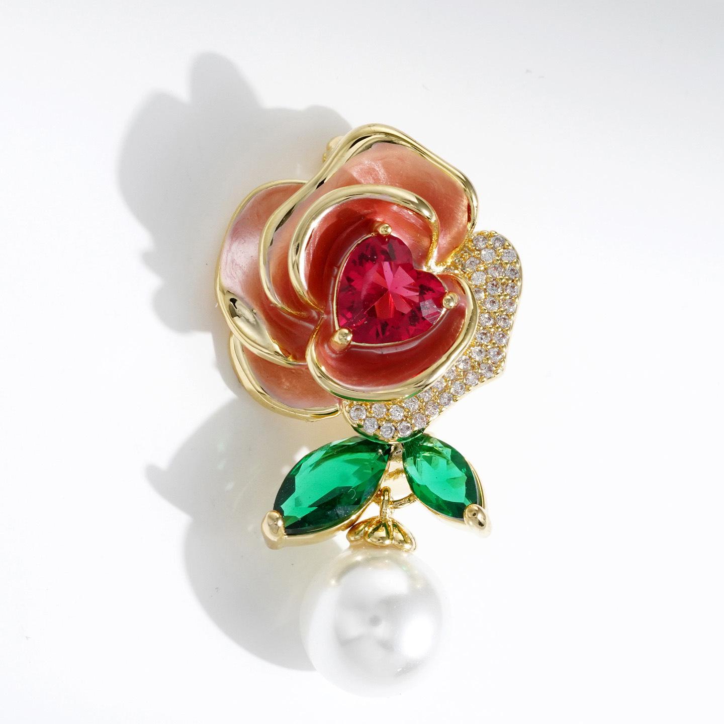 Bo Xin Yun Copper Zirconia Gold-Plated Enamel Pearl Flower Brooch Pin