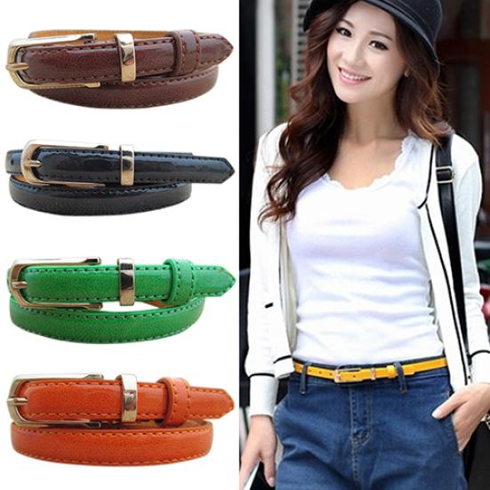 Women Thin Faux Leather Belt Cummerbund Candy Tone Buckle Casual Waistband Strap