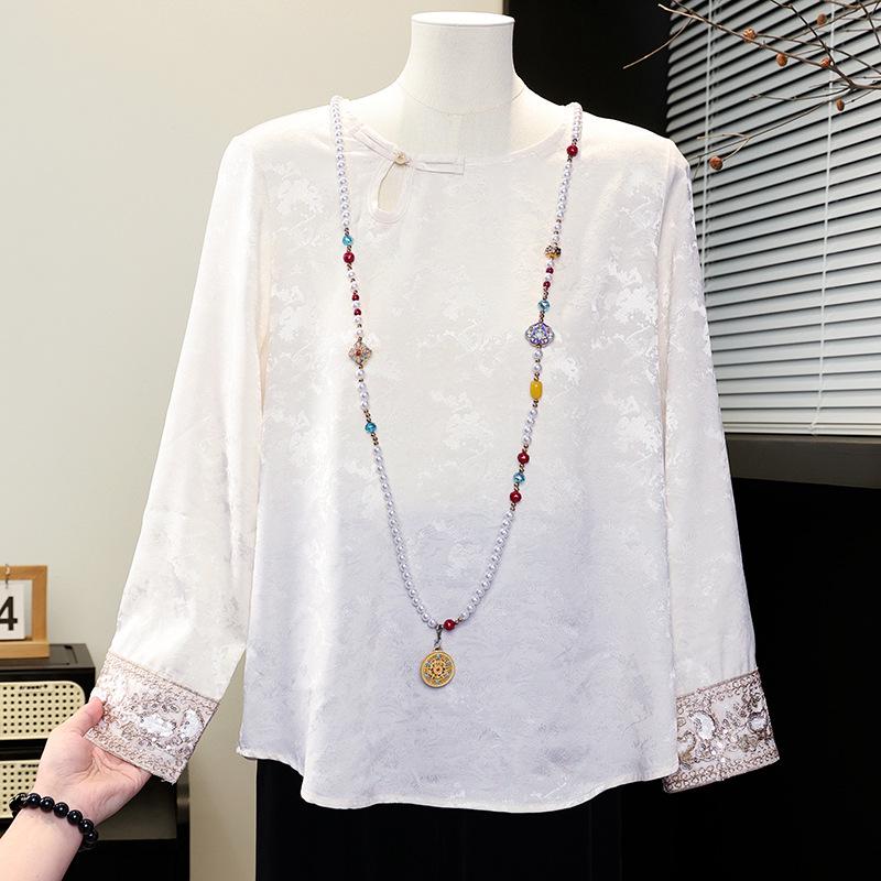 Spring Embroidered Ribbon Round Neck Loose Fit Chinese Style Women s Shirt 4XL (135-150 jin)
