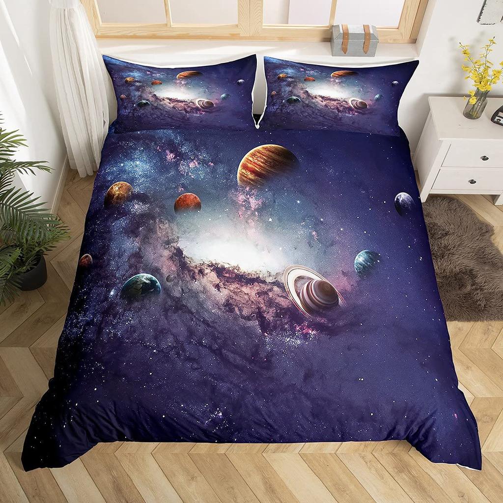 Set Duvet Stele Imprimeu Galaxie Univers Set Trei Piese Kit Lenjerie de Pat pentru Adolescenți Copii