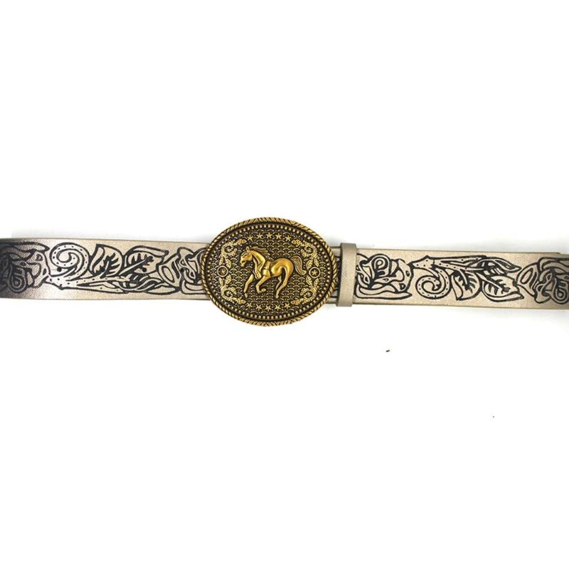 Floral Engraved PU Belt for Jeans Women Vintage Horse Pattern Buckle Waist Belt