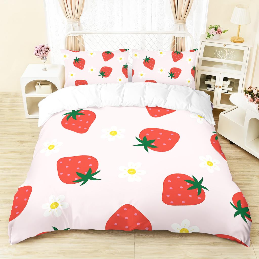 3pc Strawberry Print Bedding with Coreless Set Bedroom Living Room Multiple Sizes, Machine Washable, Soft and Comfortable
