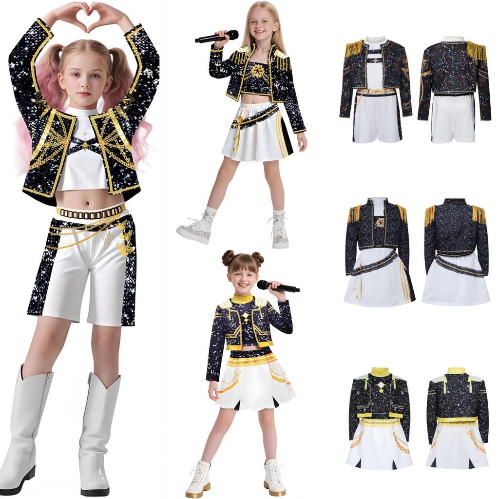 Girls Kids K-POP Singer Stage Rumi Zoey Mira Printing Outfit Halloween Cosplay Costume for Carnival Party Pretend Game Role Playing Dress Up Suit