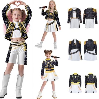 Girls Kids K-POP Singer Stage Rumi Zoey Mira Printing Outfit Halloween Cosplay Costume for Carnival Party Pretend Game Role Playing Dress Up Suit
