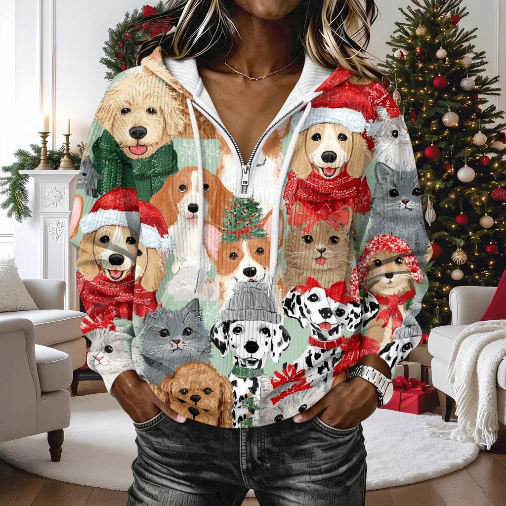 Women's Long Sleeve Christmas Print Pullover Hoodie with
