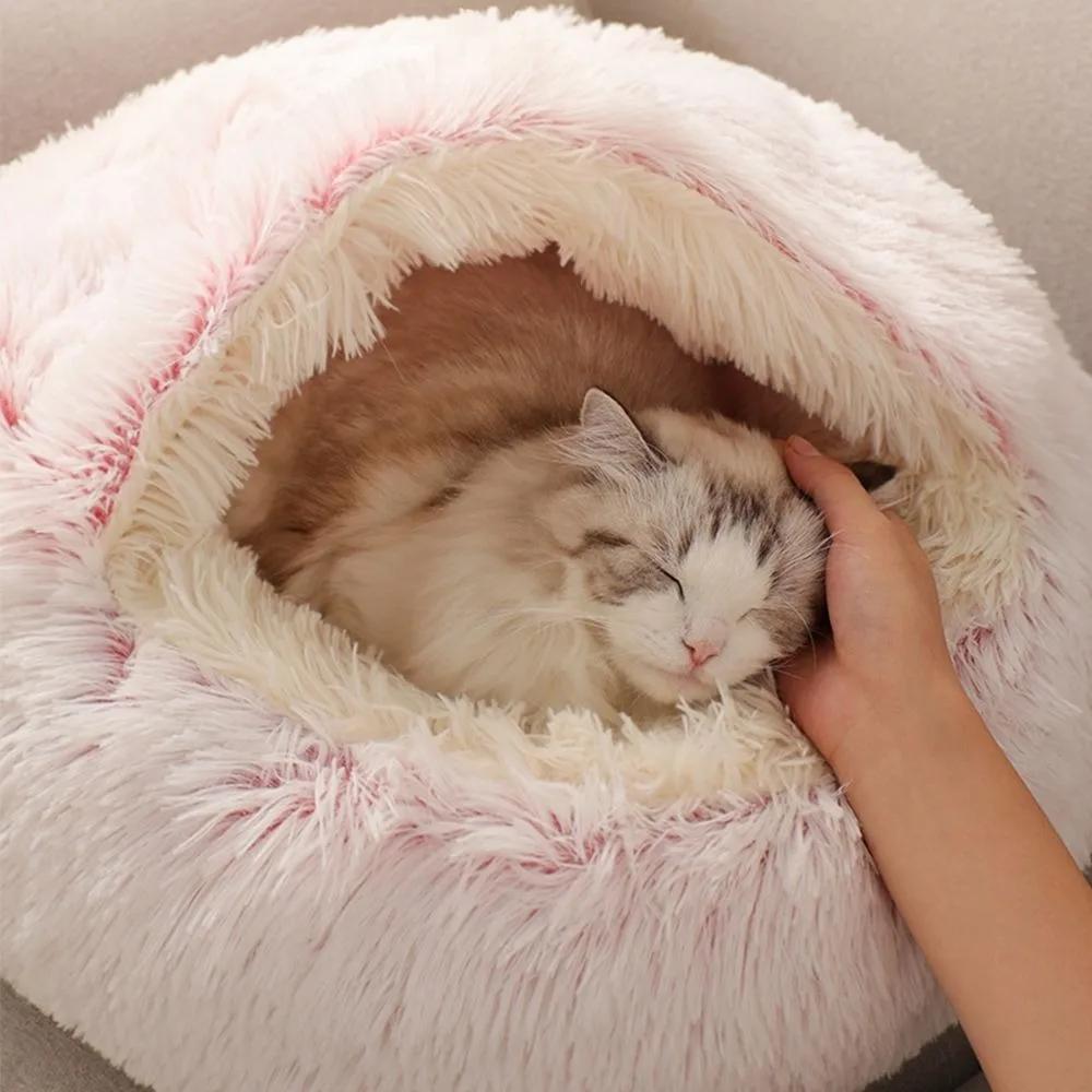 

2 in 1 Soft Plush Pet Bed with Cover Round Cat Bed Pet Mattress Warm Cat Dog Sleeping Nest Cave for Small Dogs S
