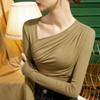New Slanted Collar Base Shirt for Women In Autumn Clothes for Women Slim Fit Pleated Fashionable Long Sleeves