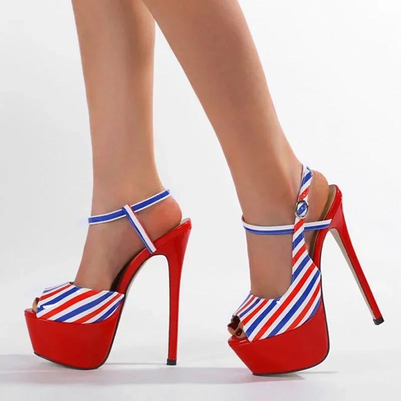 Fashion New Designer Summer Striped Ankle Strap Platform Sandals Women Sexy 16CM Fetish High Heels Wedding Banquet Shoes Stilettos Heels