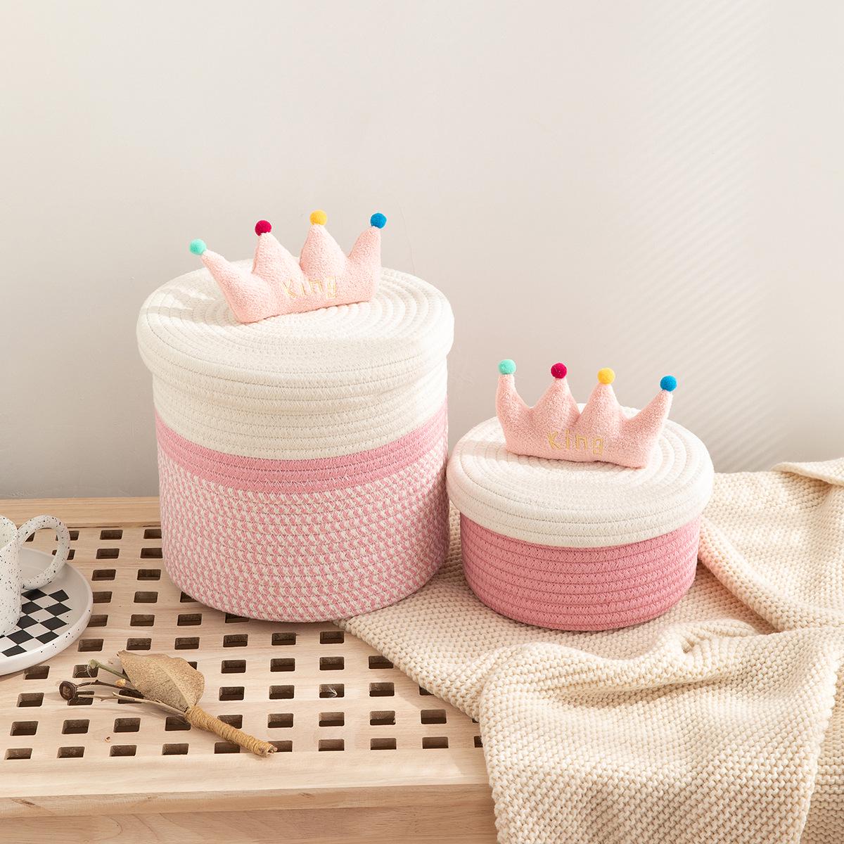 

Pink Crown Cotton Rope Storage Basket with Lid - Ideal for Toys, Snacks, and Makeup Accessories Medium