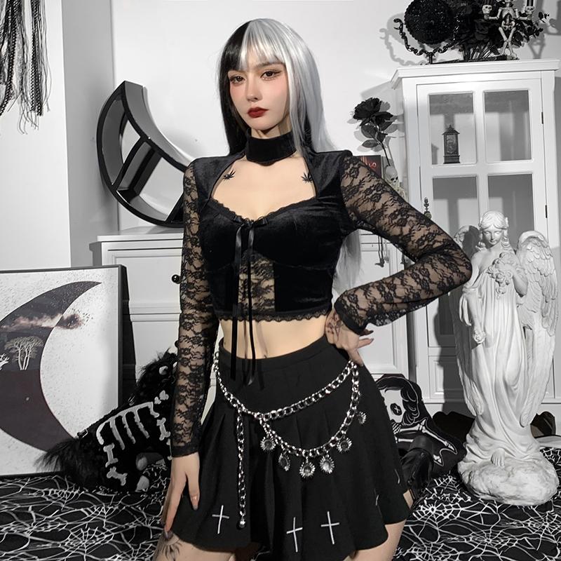 Gothic Vintage Ausgeschnittenes Samt T-Shirt Langarm zum Schnüren Crop Tops