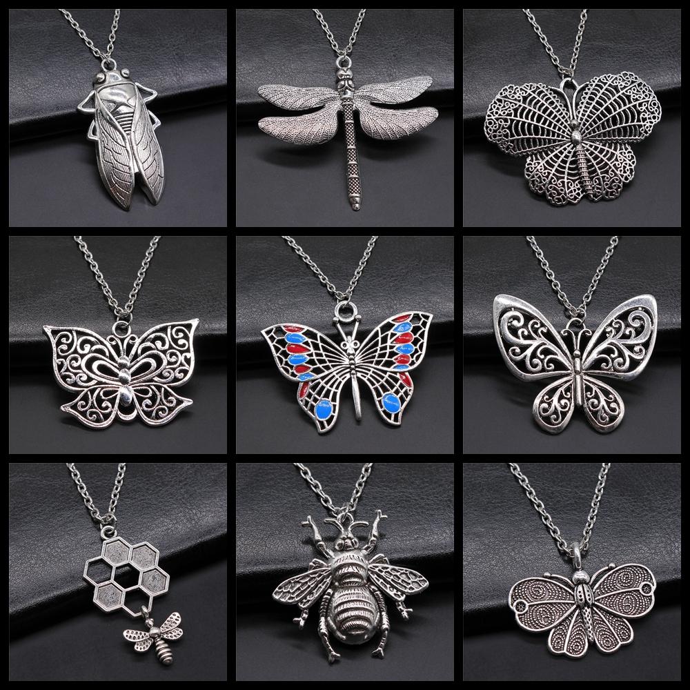 New Fashion Antique Silver Color Flying Animal Insect Necklace Butterfly Dragonfly Bee Cicada Pendant Necklace Gift For Women