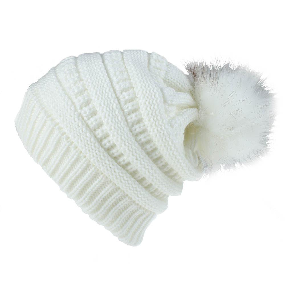 Gorro de punto trenzado de Color sólido con bola de zorro de piel sintética Otoño Invierno para mujer