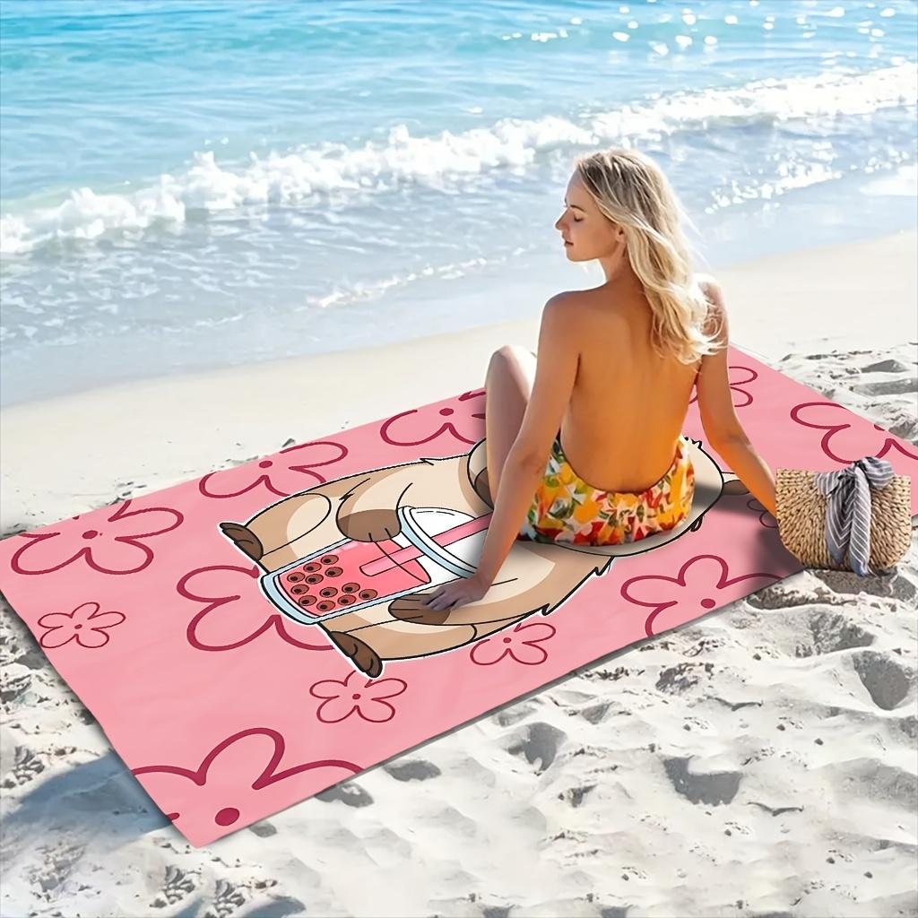 1pc Beach Towel, Cartoon Capybara Holding Pearl Milk Tea Beach Towel, Beach Towel, Very Suitable for Swimming, Fitness Exercise,