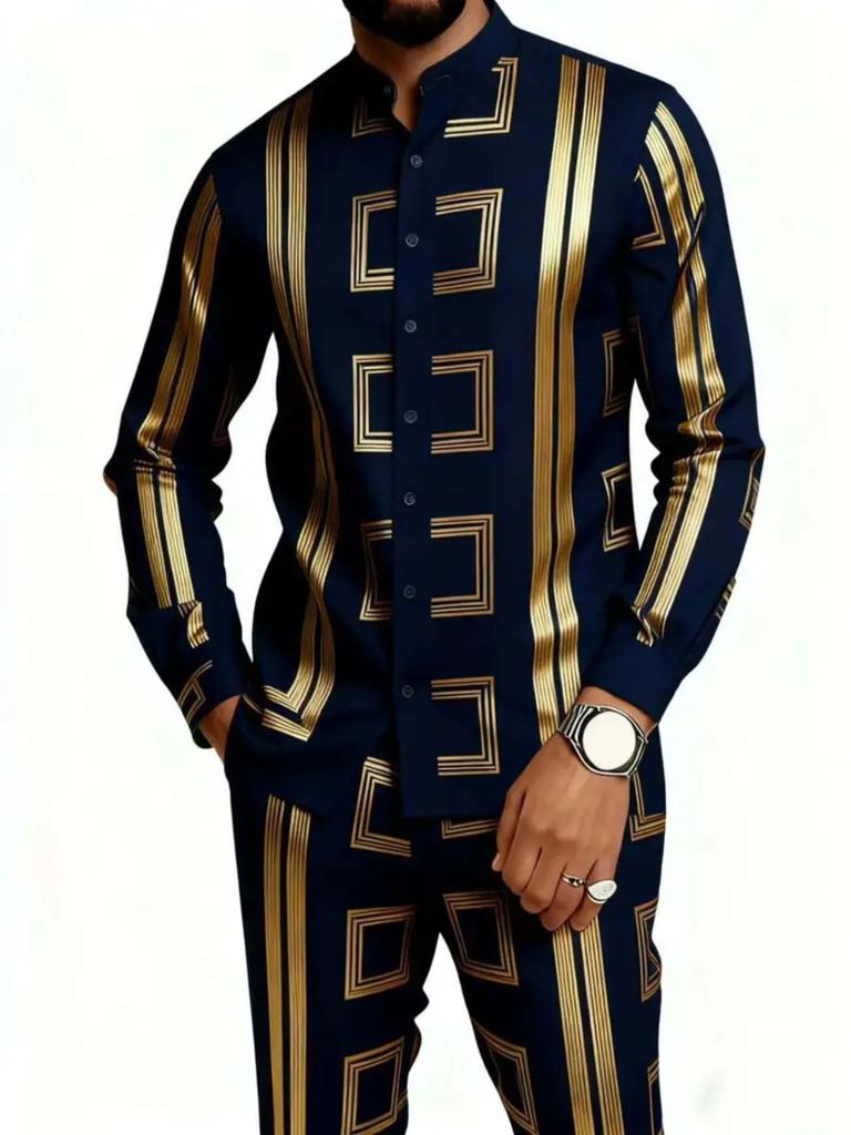 Spot TEMU Casual African Glossy Print Men's Ethnic Long-sleeved Trousers Set 2-piece Set