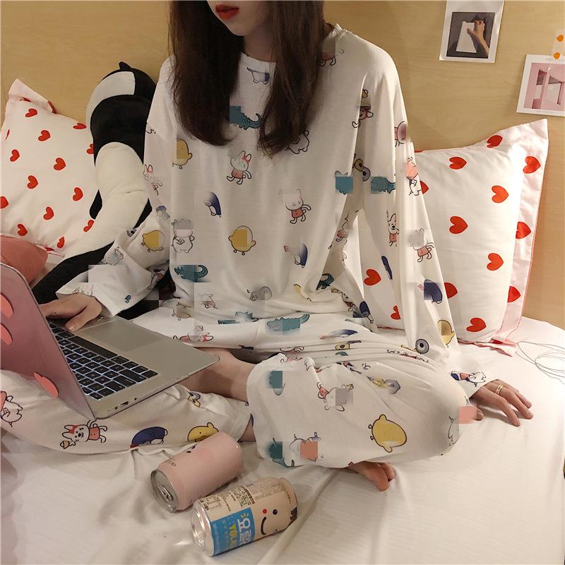 Women's Long-Sleeve Cartoon Pajama Set - Cute Korean Style Homewear for Autumn, Winter, Spring - Plus Size Available