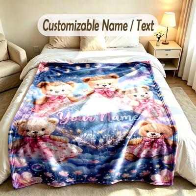 Teddy Bear Theme Custom Blanket Personalized Name & Text Customized Soft Warm Throw Blanket Home Decor
