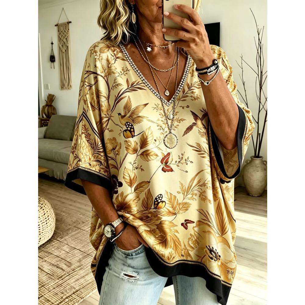 Plus Size Women's Simple Bohemian Pattern Print V-neck Top Three-quarter Sleeves Loose Plus Size Casual Daily T-shirt