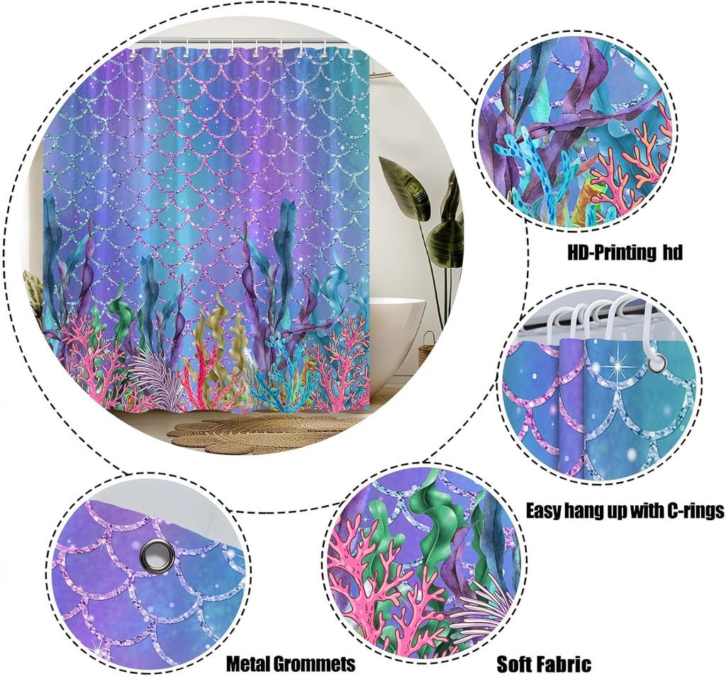 Mermaid Shower Curtain Blue Pink Mermaid Scales Ocean Coral Girls 3D Fabric Bathroom Decor Curtain With Hooks,70X70(Wxh) Inches
