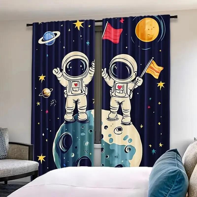 2pcs Spaceman Print Curtain   Blackout Drapes   Polyester   Living Room Decor   Holiday Window Dressing   Rod Pocket Curtains