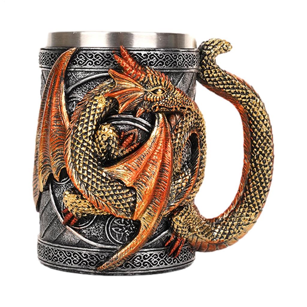 Medieval Double Dragon Goblet Creative 3D Beer Mug Resin Stainless Steel Coffee Mug Wine Cup Retro Dragon Beer Mug Coffee Cup