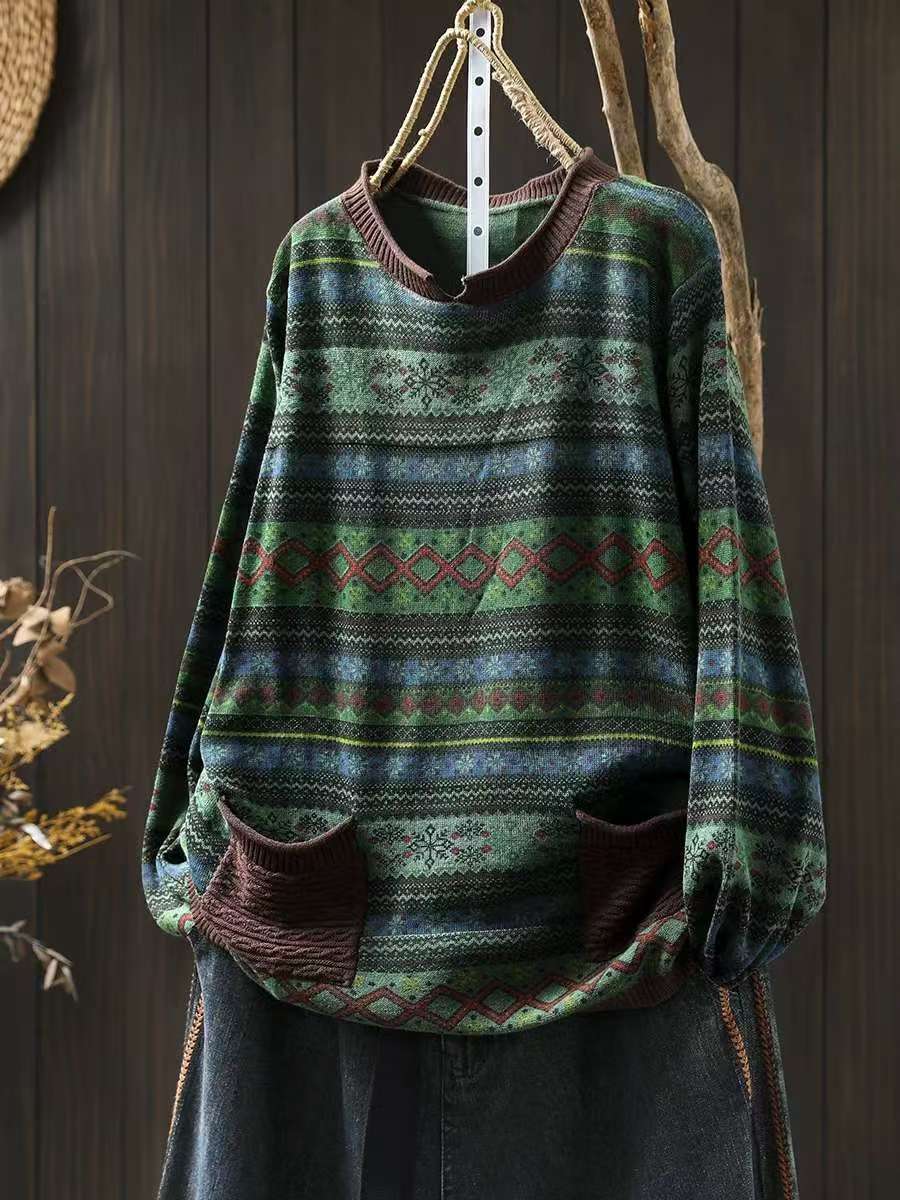 

Johnature Женский Зимний Джемпер с Двойными Карманами в Китайском Стиле с Жаккардовым Принтом, Винтажный, с Длинными Рукавами, Свободный, с Круглым Вырезом One Size зелёный