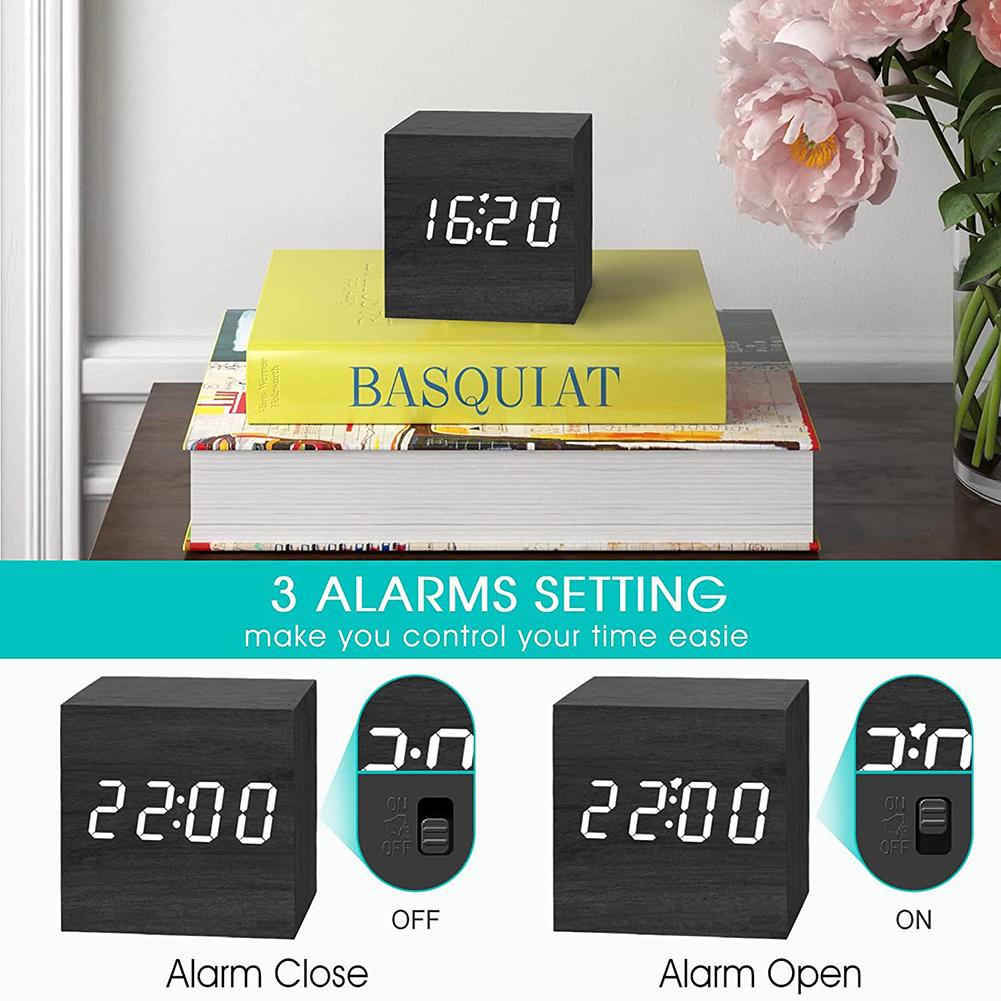 Wooden Digital Alarm Clock Voice Control LED Clock Art Ornament USB/Battery Powered Bedroom Table Clock for Office Room Decor