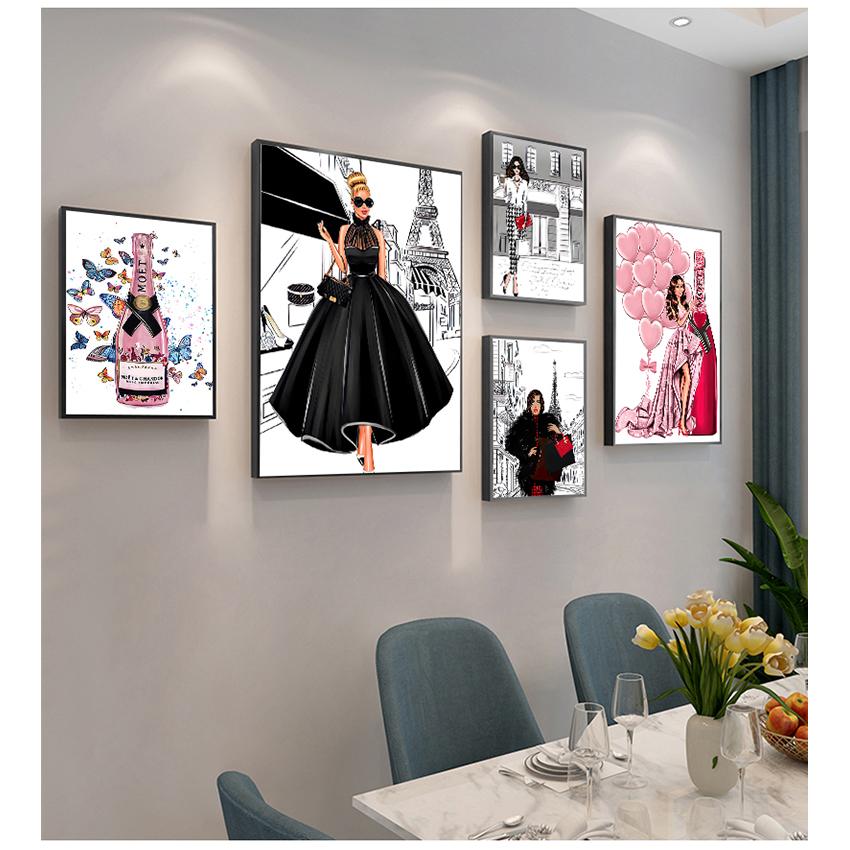 Posters And Prints Wall Pictures For Living Room Fashion Girl Bag Balloon Champagne Salon Wall Art Print Canvas Painting Nordic