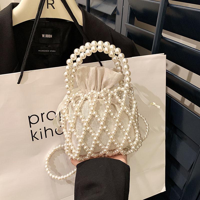 Стильная мини-сумочка для девочек, винтажная плетеная сумочка принцессы с жемчугом через плечо Horizontal Net Bag