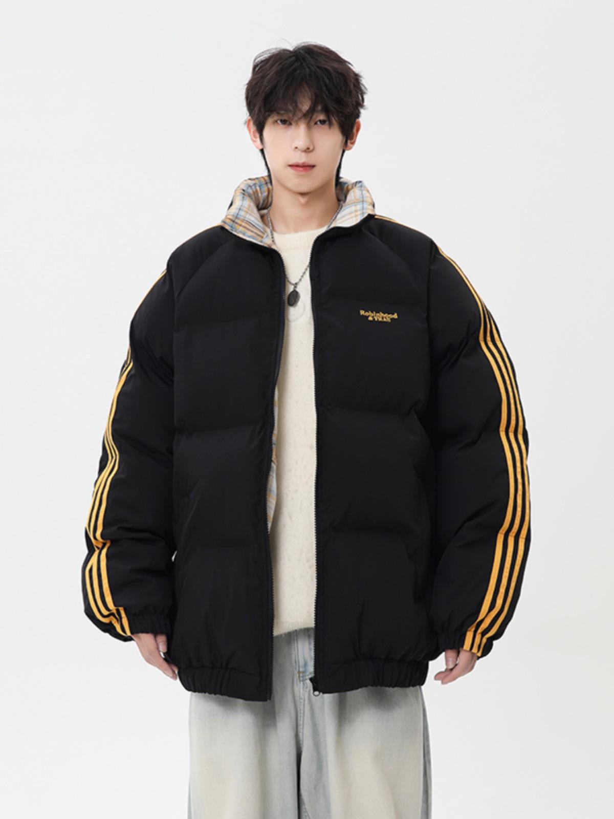 2025 Men s Winter Patchwork Striped Stand-Up Collar Cotton Jacket - Trendy, Versatile, Loose Fit Coat for Couples 3XL чёрный