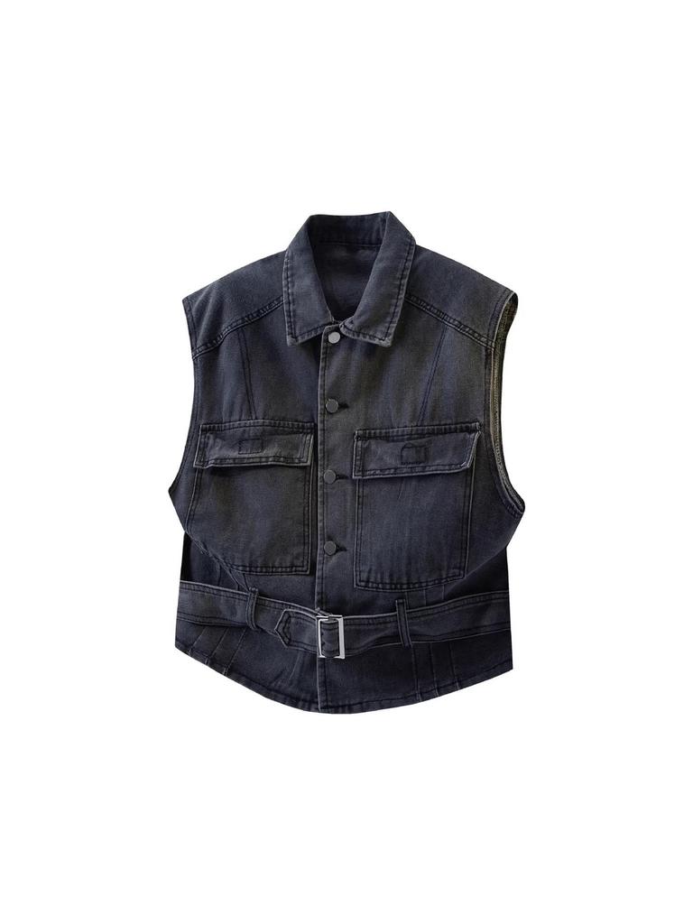 Unisex Summer Denim Workwear Vest - Trendy Sleeveless Square Neck Jacket