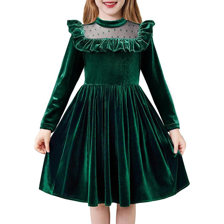 2026 ruffle edge long sleeve dress princess christmas costume party performance clothes children's dress girls mesh yarn