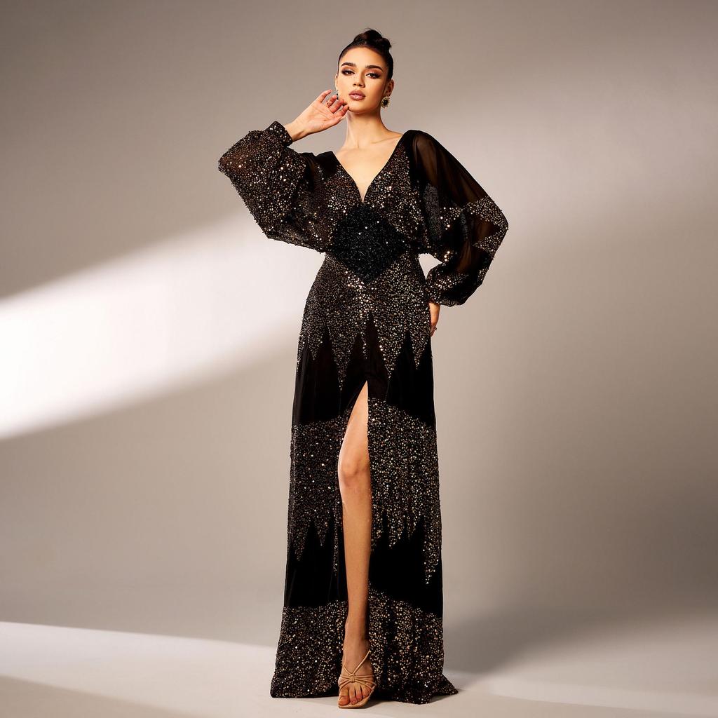 Sizzling European & American Chiffon V-Neck Sequin Evening Gown with Slit & Waist-Cinching Long Sleeves