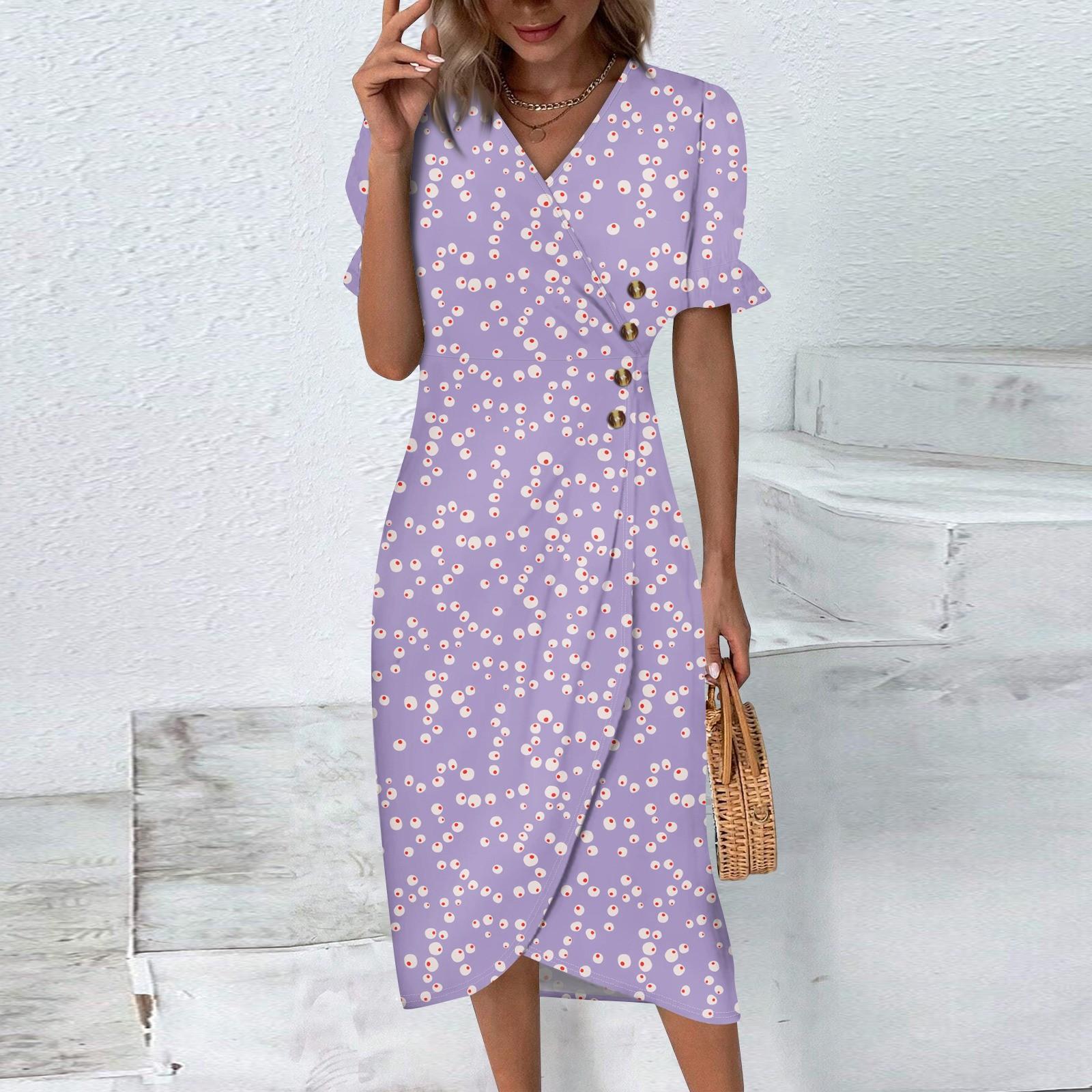 Women s Summer Casual Dress V Neck A-line Boho Ditsy Floral Flounce Sleeve Wrap Hem Dress XXL фиолетовый